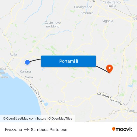 Fivizzano to Sambuca Pistoiese map