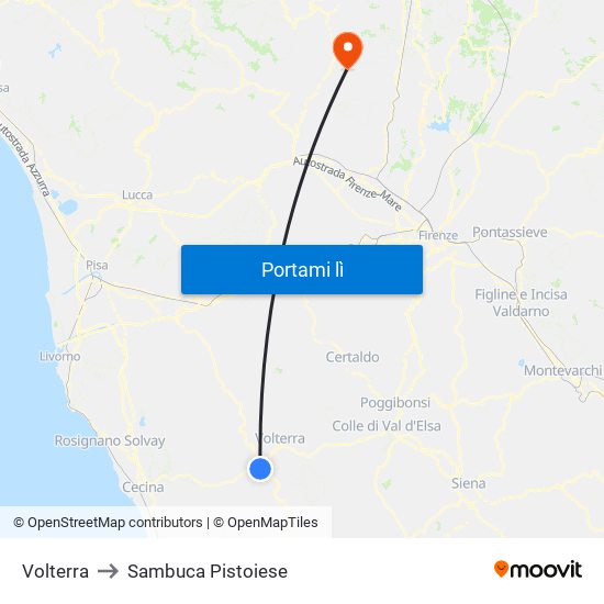 Volterra to Sambuca Pistoiese map