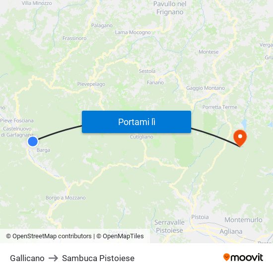 Gallicano to Sambuca Pistoiese map