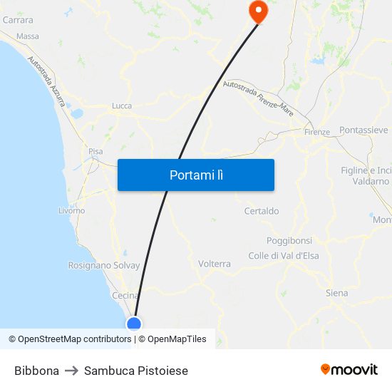 Bibbona to Sambuca Pistoiese map