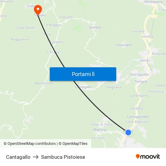 Cantagallo to Sambuca Pistoiese map