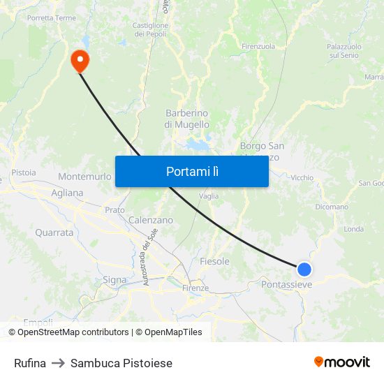 Rufina to Sambuca Pistoiese map