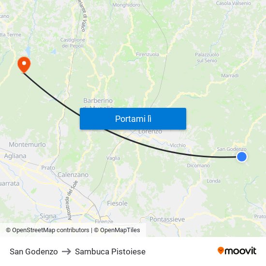 San Godenzo to Sambuca Pistoiese map