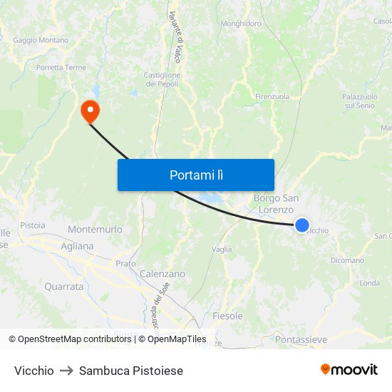 Vicchio to Sambuca Pistoiese map
