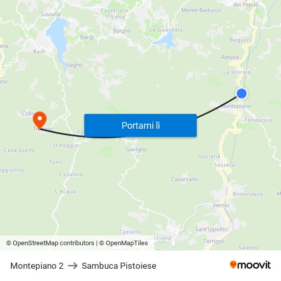 Montepiano 2 to Sambuca Pistoiese map