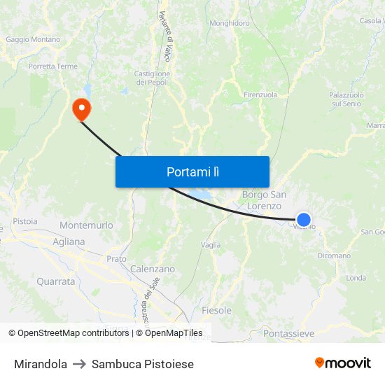Mirandola to Sambuca Pistoiese map
