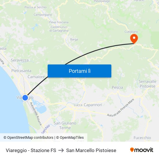 Viareggio Stazione FS to San Marcello Pistoiese map