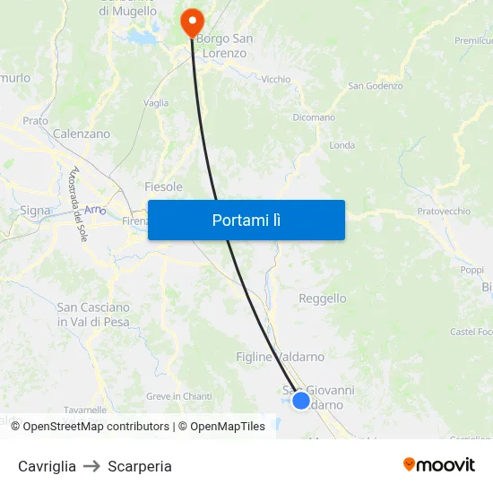 Cavriglia to Scarperia map