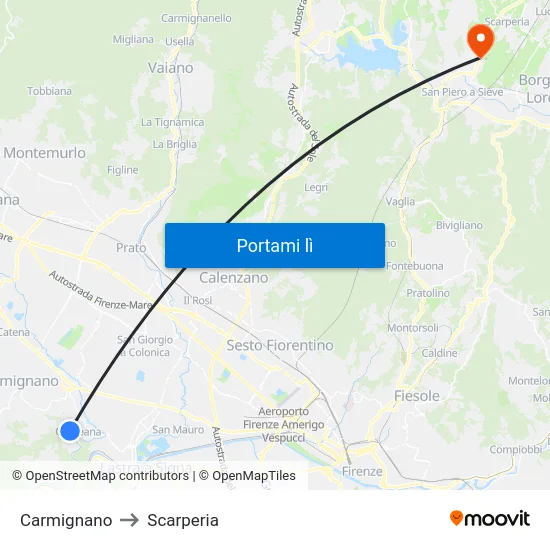 Carmignano to Scarperia map