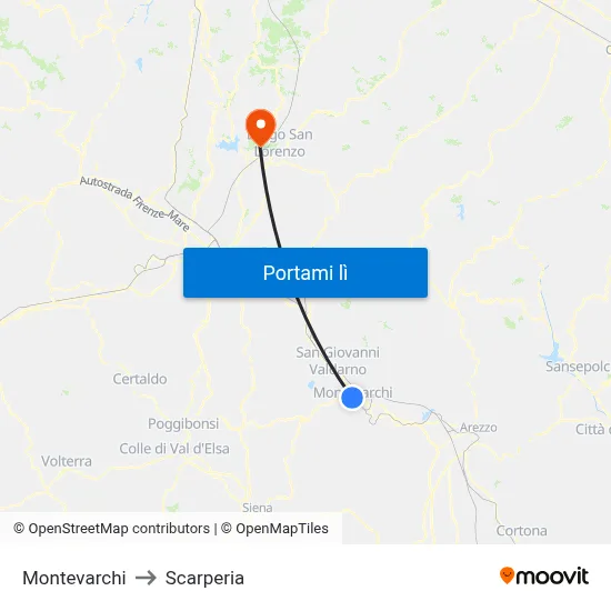 Montevarchi to Scarperia map