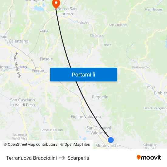 Terranuova Bracciolini to Scarperia map