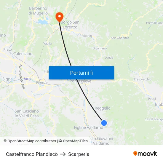 Castelfranco Piandiscò to Scarperia map