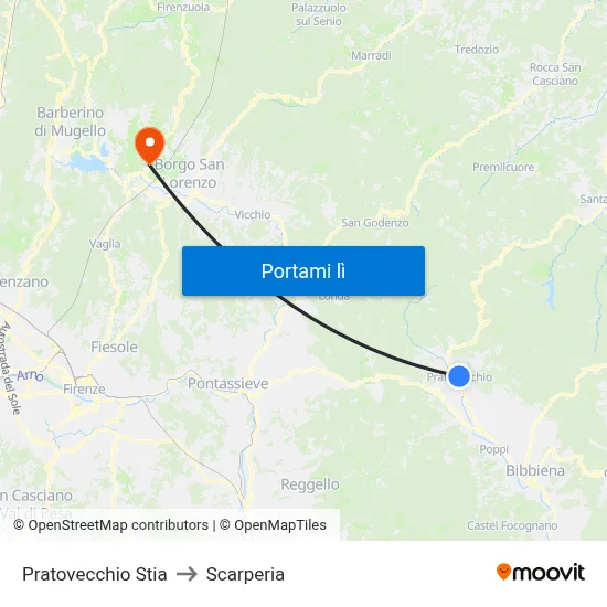 Pratovecchio Stia to Scarperia map