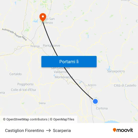 Castiglion Fiorentino to Scarperia map