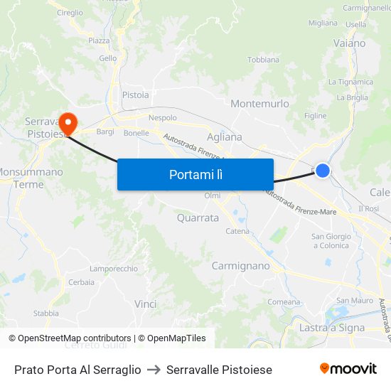 Prato Porta Al Serraglio to Serravalle Pistoiese map