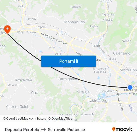Deposito Peretola to Serravalle Pistoiese map