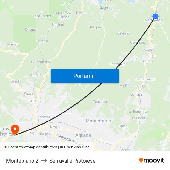 Montepiano 2 to Serravalle Pistoiese map