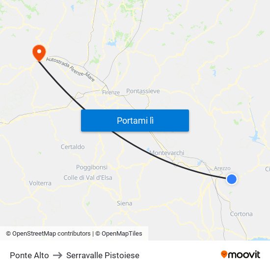 Ponte Alto to Serravalle Pistoiese map