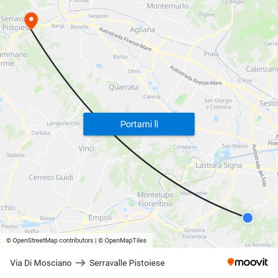 Via Di Mosciano to Serravalle Pistoiese map