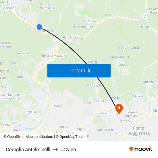 Coreglia Antelminelli to Uzzano map