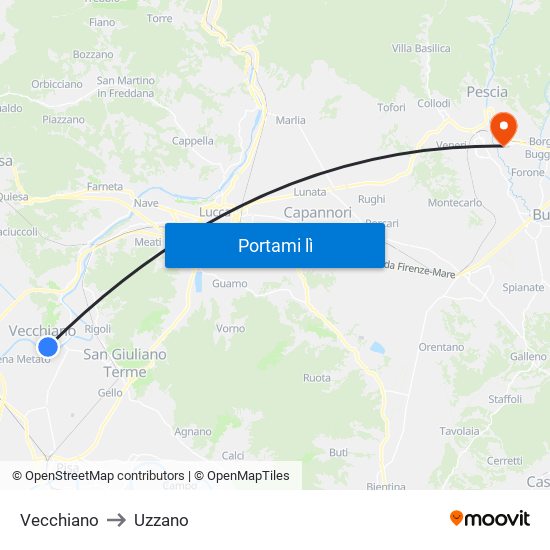 Vecchiano to Uzzano map