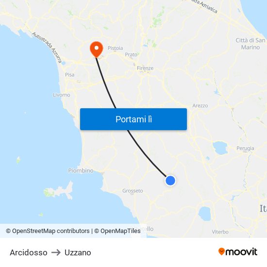 Arcidosso to Uzzano map