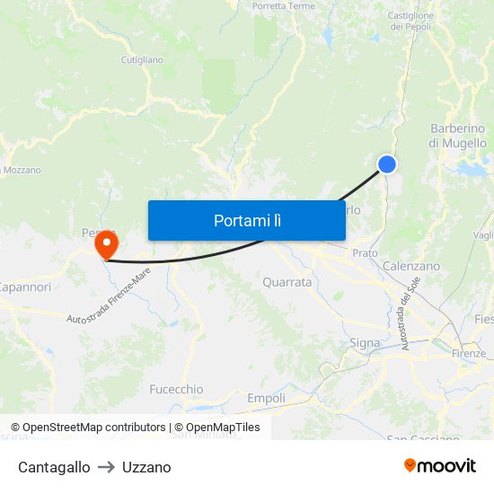 Cantagallo to Uzzano map