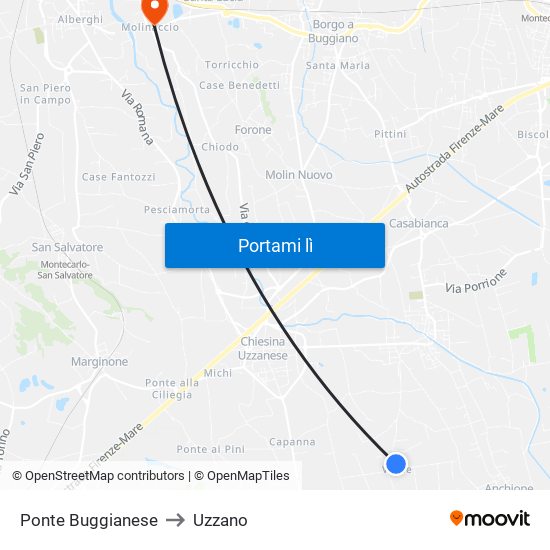 Ponte Buggianese to Uzzano map