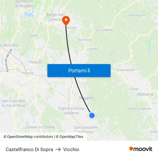 Castelfranco Di Sopra to Vicchio map
