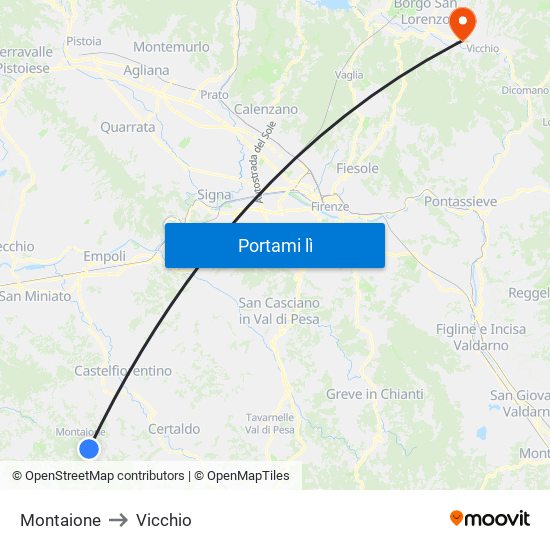 Montaione to Vicchio map