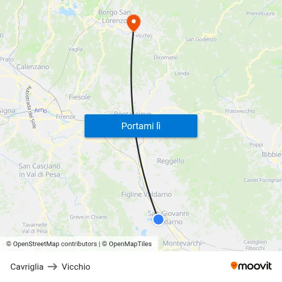 Cavriglia to Vicchio map