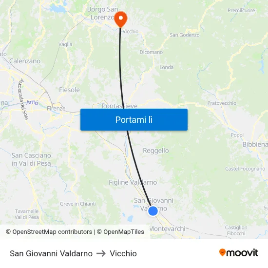 San Giovanni Valdarno to Vicchio map