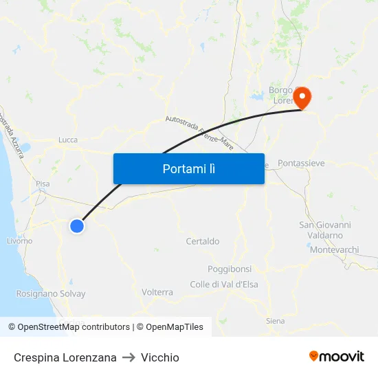 Crespina Lorenzana to Vicchio map