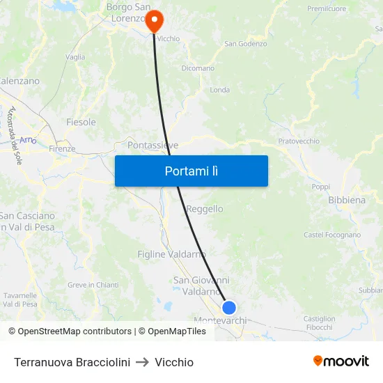 Terranuova Bracciolini to Vicchio map