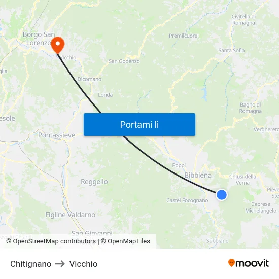 Chitignano to Vicchio map