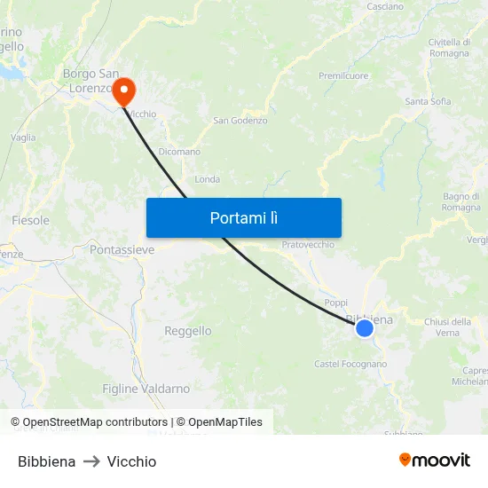 Bibbiena to Vicchio map