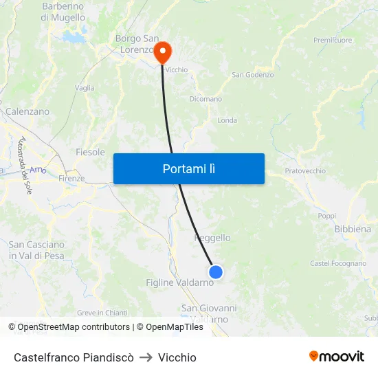 Castelfranco Piandiscò to Vicchio map