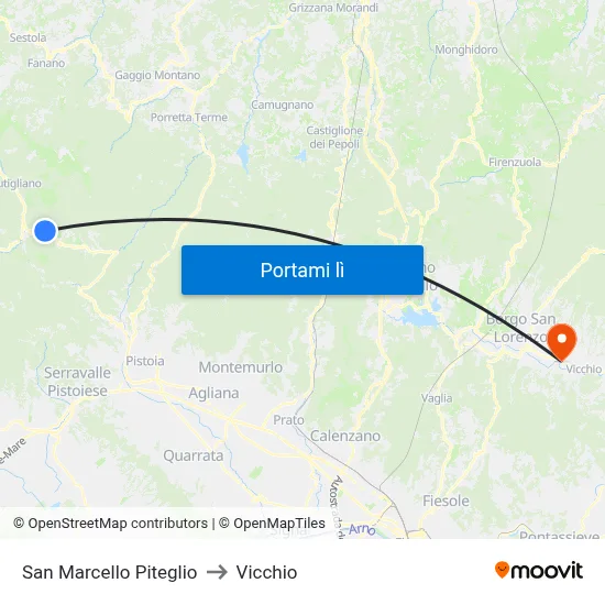 San Marcello Piteglio to Vicchio map