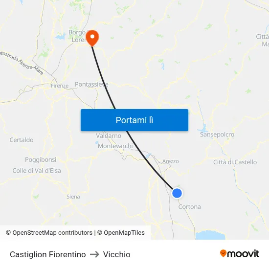Castiglion Fiorentino to Vicchio map