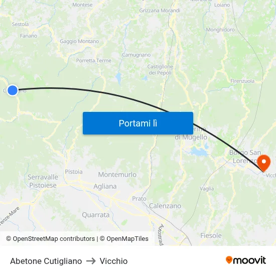 Abetone Cutigliano to Vicchio map