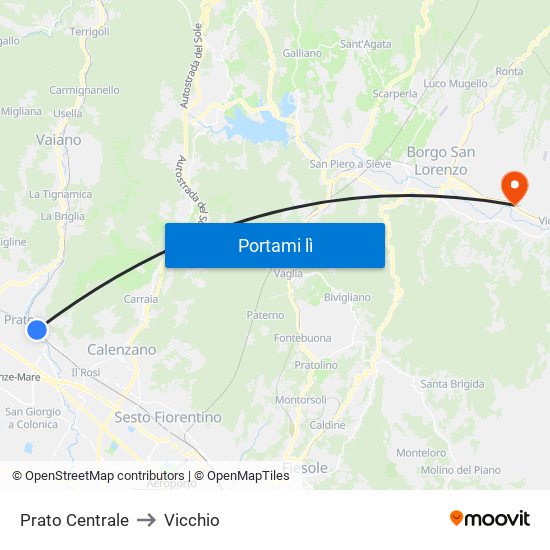 Prato Centrale to Vicchio map