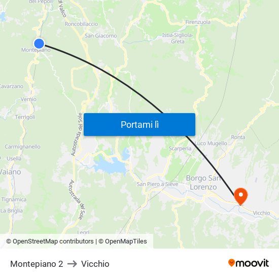 Montepiano 2 to Vicchio map