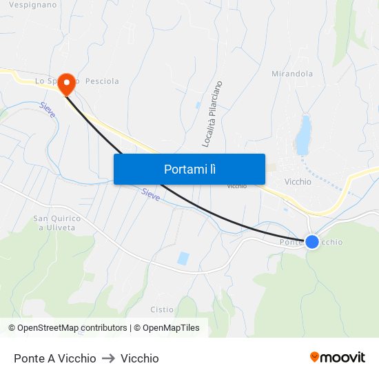 Ponte A Vicchio to Vicchio map