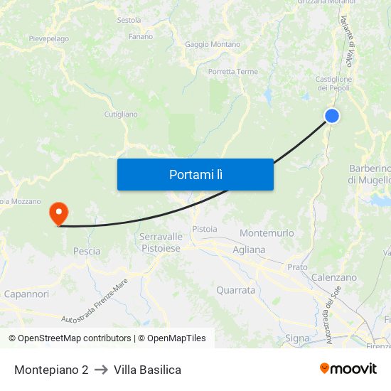 Montepiano 2 to Villa Basilica map