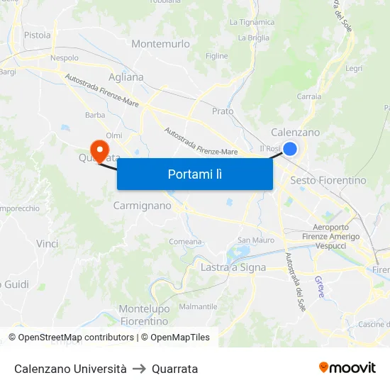 Calenzano Università to Quarrata map