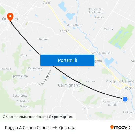 Poggio A Caiano Candeli to Quarrata map