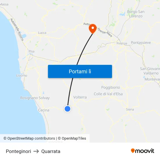 Ponteginori to Quarrata map