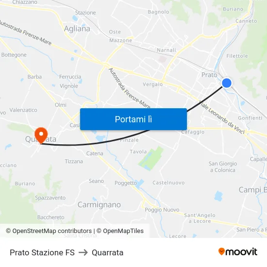 Prato Stazione FS to Quarrata map