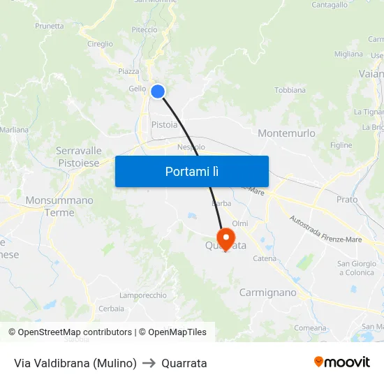 Via Valdibrana (Mulino) to Quarrata map