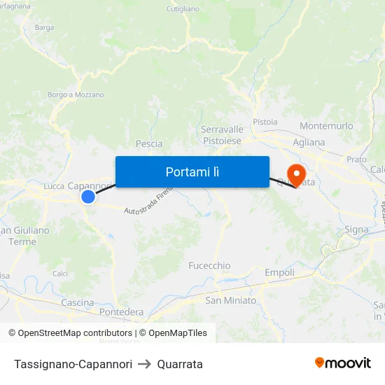 Tassignano-Capannori to Quarrata map